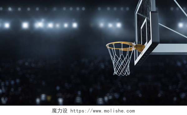 在4k摄像机的背景下的篮球框特写镜头三维渲染篮球击中篮筐背景下的闪光相机